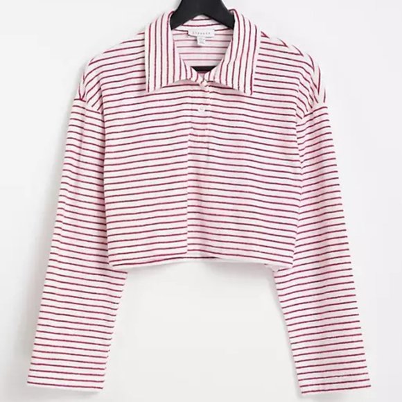 Topshop Tops - Topshop Terrycloth Stripe Button Up Polo in Red and White